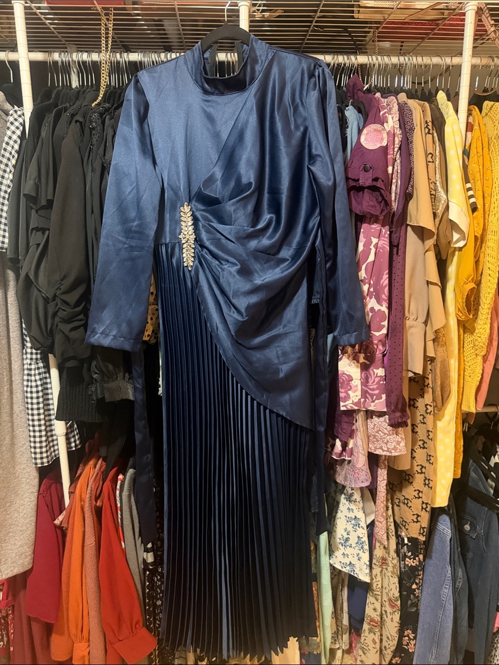 Navy Satin Long-Sleeve Pleated Midi Dress with Decorative Brooch